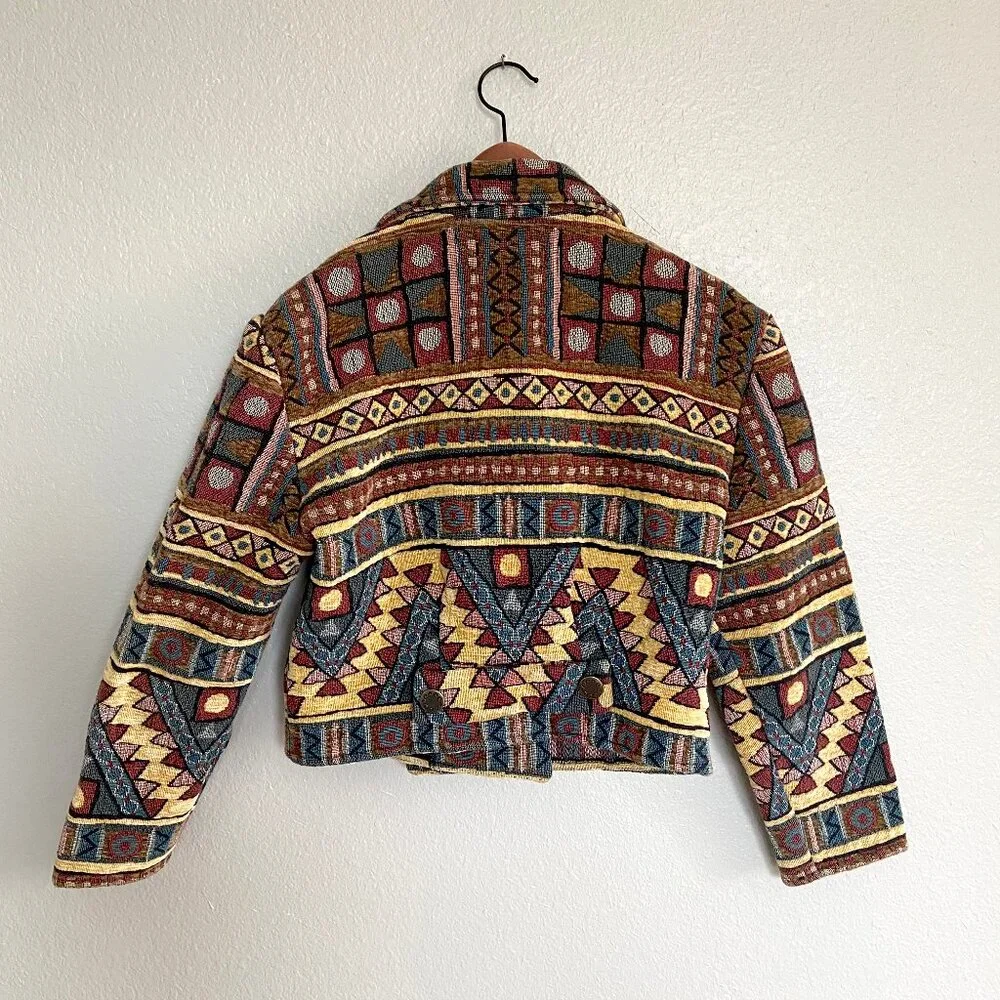 VTG 90s Cropped Boho Western Aztec Tapestry Jacket 100% Cotton To Die For Size S - Picture 5 of 9